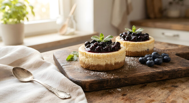 Mini Blueberry Cheesecakes on a Wooden Board