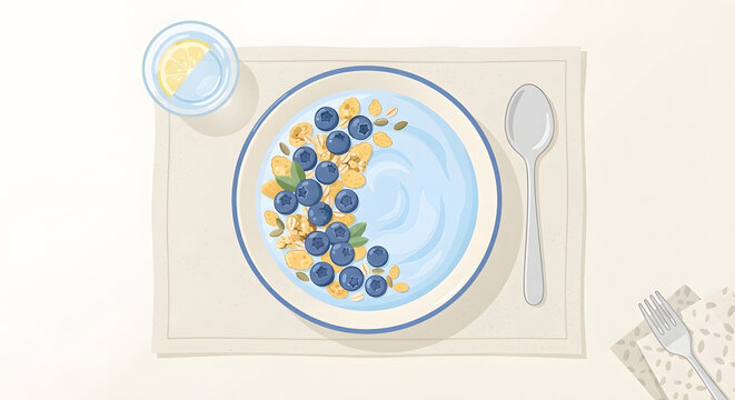 Flat Vector Illustration of Yogurt Bowl with Blueberries