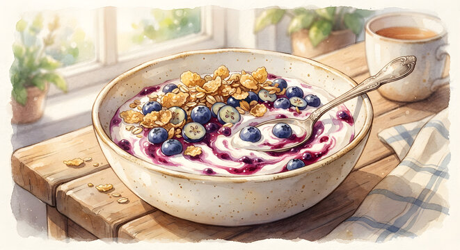 Watercolor Illustration of a Bowl of Yogurt with Blueberries and Granola