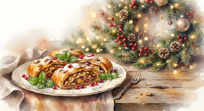 Watercolor Illustration of a Festive Christmas Strudel with a Holiday Wreath