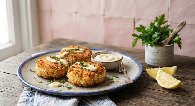 Freshly Cooked Crab Cakes on a Rustic Plate with Tartar Sauce