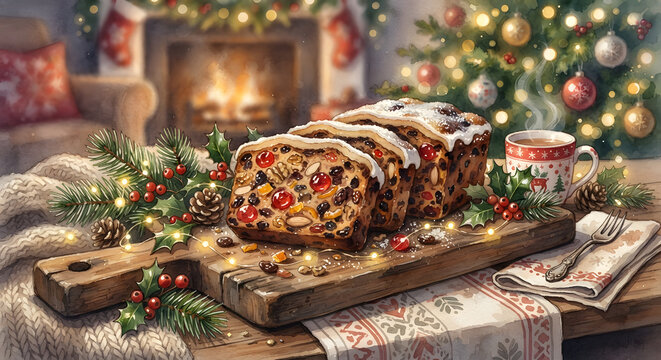 Watercolor Illustration of a Festive Christmas Fruitcake on a Wooden Board