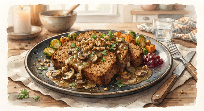 Watercolor Illustration of a Sliced Nut Roast Dinner with Mushroom Gravy and Roasted Vegetables