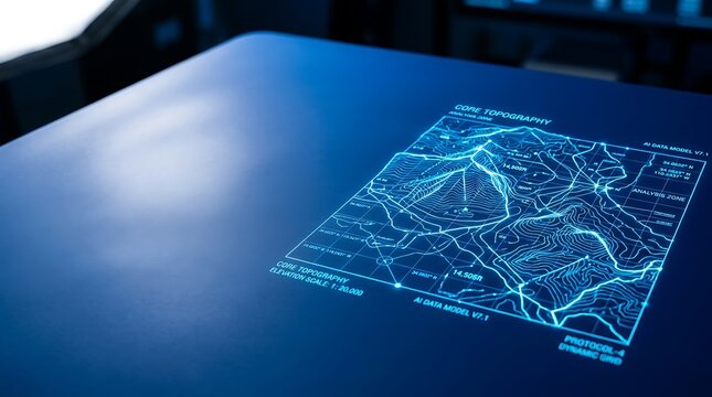 Futuristic interactive holographic map displayed on a glowing tabletop interface, showing detailed topographical data for advanced tactical planning and strategic operations