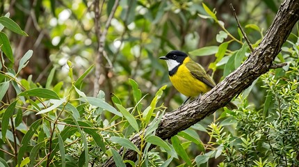 Fototapeta premium Bright yellow and black bird perched on branch