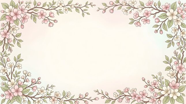 Vintage cherry blossom frame, elegant floral border with pink flowers, soft watercolor spring background for wedding invitations