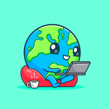 Cute cartoon earth character using a laptop on a beanbag chair