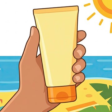 Hand holding sunscreen tube at the beach