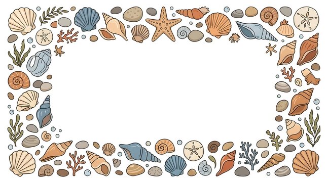 Coastal seashell frame illustration, nautical border with starfish and pebbles, beach themed decorative edge for summer invitations and cards