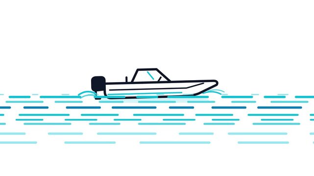 Minimalist motorboat animation on white background, stylized speed boat cruising on blue water waves, flat vector nautical vessel
