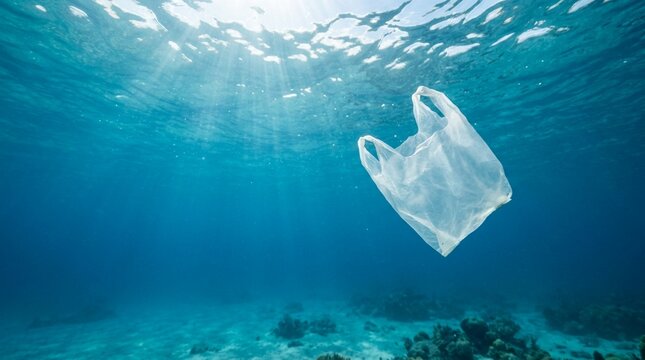 Plastic bag floating in blue ocean water