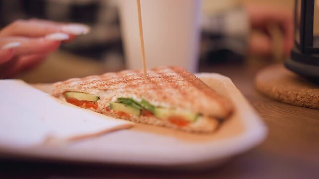 Close up of toasted sandwich with visible tomato cucumber and leafy greens on whole grain bread. scene includes soft lighting that highlights texture details like crust patterns while hands