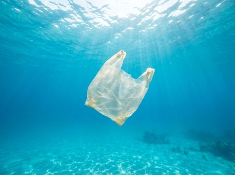 Plastic bag floating in blue ocean water underwater