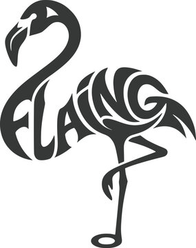Stylized flamingo silhouette formed by the word flamingo, dark gray typography on a solid white background, avian