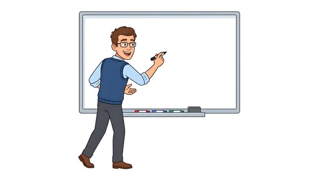 Cartoon teacher writing on a whiteboard with a marker