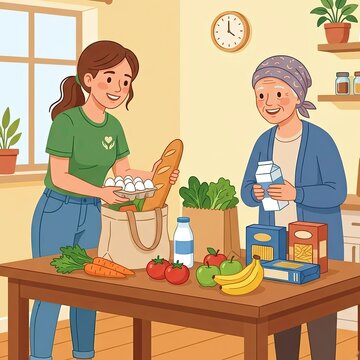 Volunteer helping senior woman with groceries