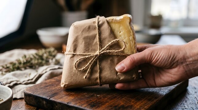 Hand holding organic aged artisan cheese wedge wrapped in brown kraft paper and tied with twine.