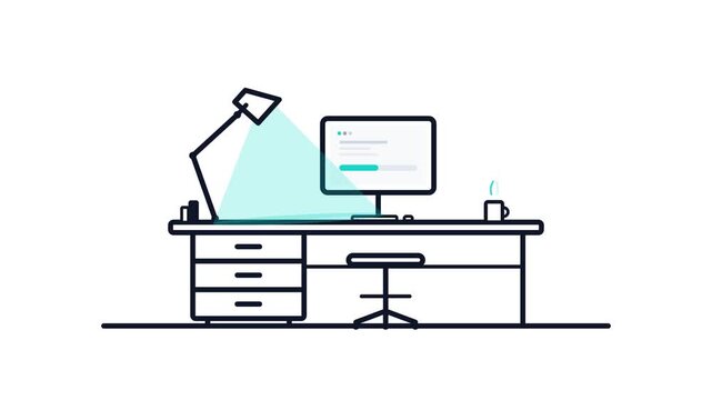 Minimalist line art office workspace animation, modern computer desk with lamp and chair, clean digital workplace illustration