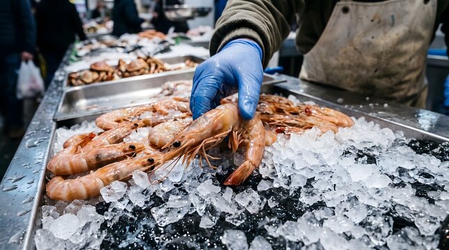 Fishmonger wearing blue glove selecting fresh king prawn on crushed ice at seafood market.