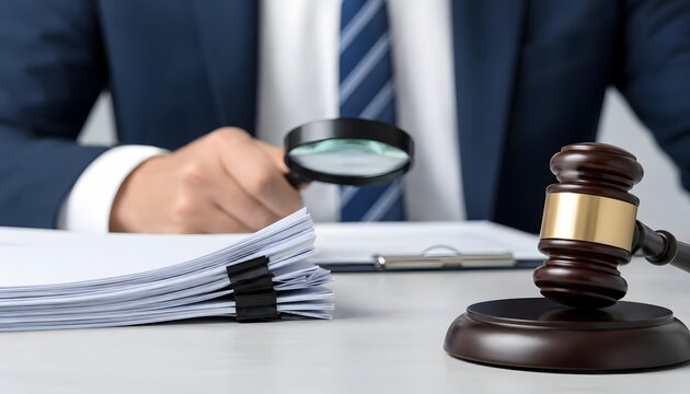Lawyer or investigator examining stack of legal documents with magnifying glass next to judge gavel on desk
