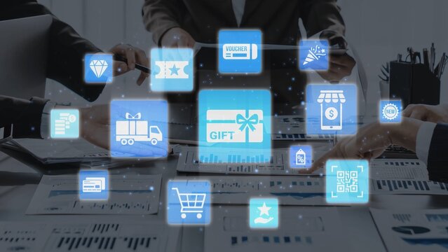 Digital gift card icons show e-commerce, payment, and digital gift card redemption. Digital gift card supports online shopping, secure payment, and customer loyalty programs. Funnel