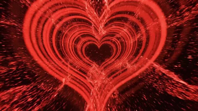 Explore red striped particle heart shaped tunnel with moving patterns and a vibrant, colorful display of light and motion