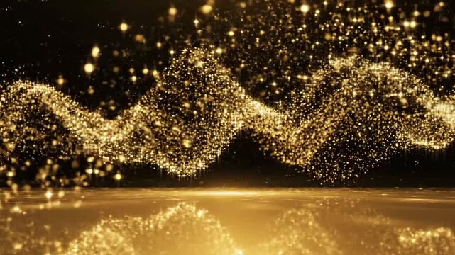 Gold particles moving in an abstract pattern creating a shining effect in a dark setting with reflection below