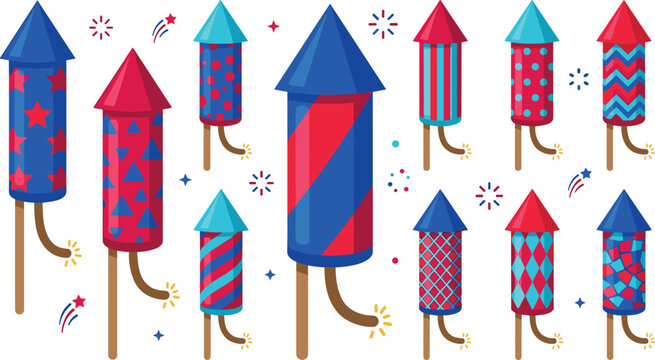 Festive celebration fireworks rocket vector collection featuring bright red blue and cyan firecrackers with stars stripes polka dots and geometric pattern designs