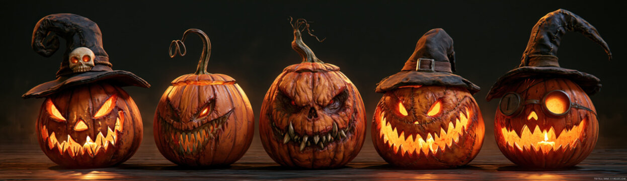 Ghoulish Jack Lantern Lineup, five uniquely carved, menacing pumpkins sit arranged horizontally in a row, their jagged expressions glowing brightly with fiery orange candlelight