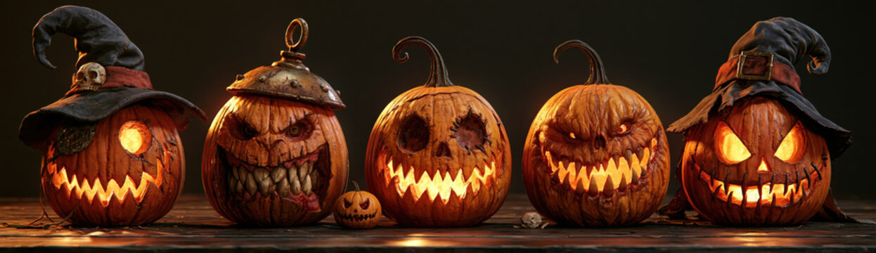 Ghoulish Jack Lantern Lineup, five uniquely carved, menacing pumpkins sit arranged horizontally in a row, their jagged expressions glowing brightly with fiery orange candlelight