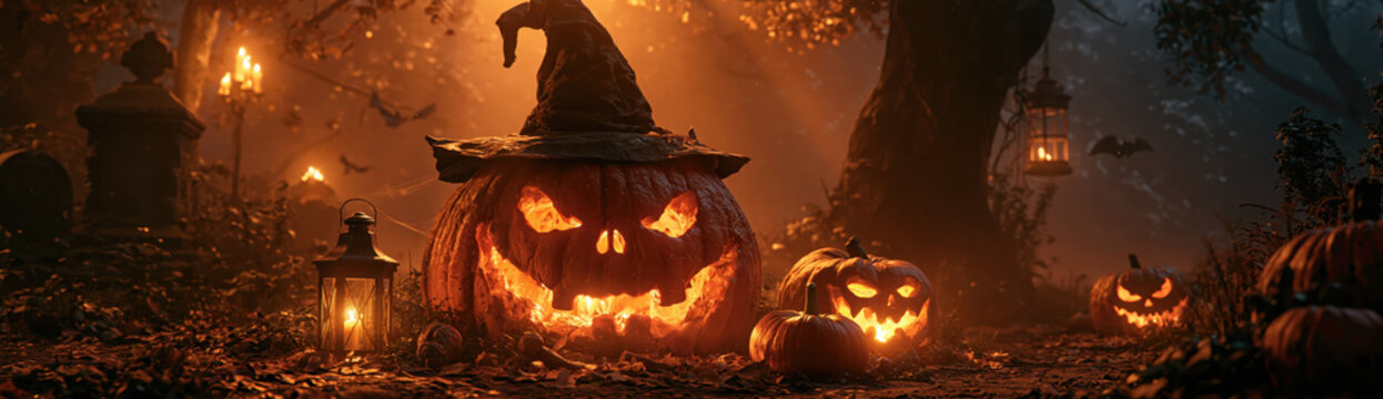 Haunted Witch Pumpkin Patch, a menacing jack-o'-lantern wearing a tattered witch hat glows intensely with fiery orange light inside a spooky graveyard shrouded in mist, lanterns, and bats