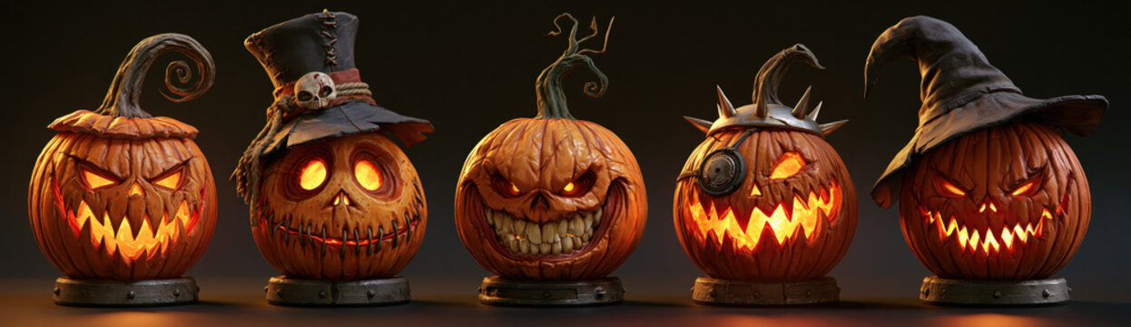 Ghoulish Jack Lantern Lineup, five uniquely carved, menacing pumpkins sit arranged horizontally in a row, their jagged expressions glowing brightly with fiery orange candlelight