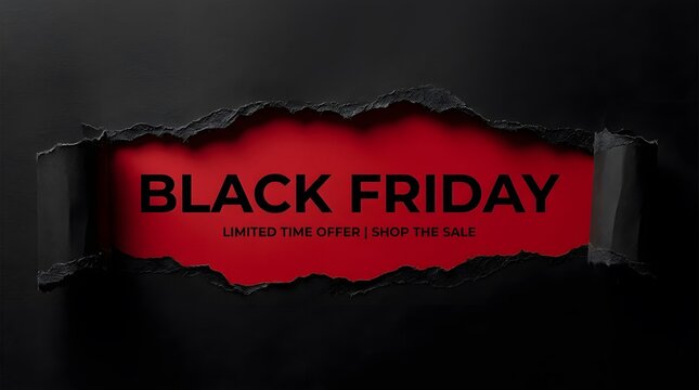 A dramatically designed black friday sale banner features a ripped texture revealing a vibrant red background with bold text for advertising promotions