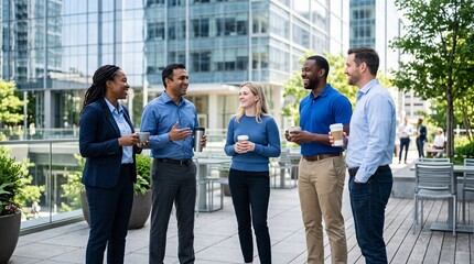 Fototapeta premium Diverse group of business professionals enjoying coffee break outdoors