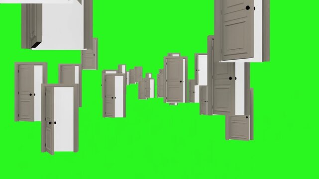 Multiple doors opening and closing representing new opportunities and choices