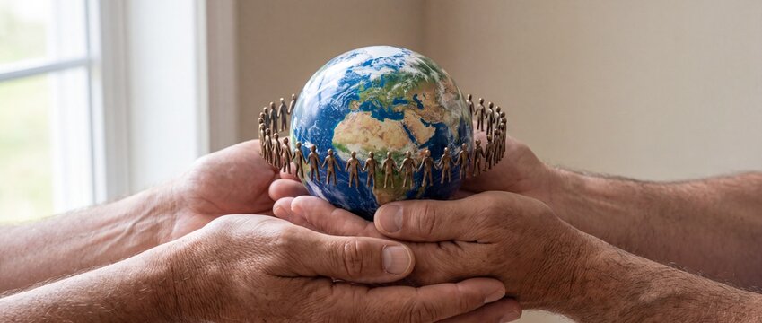 Hands holding a globe encircled by small human figures emphasizing global unity with symbolizing worldwide unity teamwork support globe chain