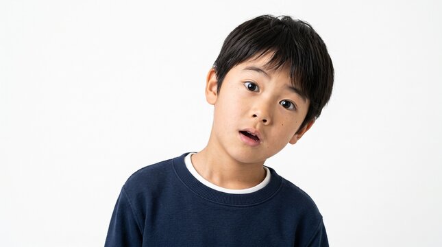Young boy with a curious expression tilts his head and looks forward, white background