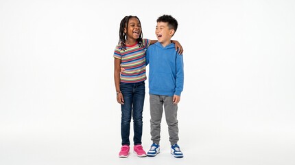 Obraz premium Two happy children of different ethnicities laughing together with arms around each other, white background