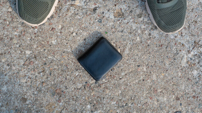 The lost wallet on the street, forgotten black leather object