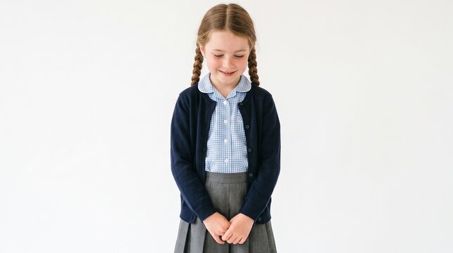 Young girl with pigtails looking down shyly in school uniform, white background