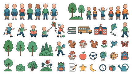 Fototapeta premium Colorful vector illustration depicting children trees and school supplies on a white background