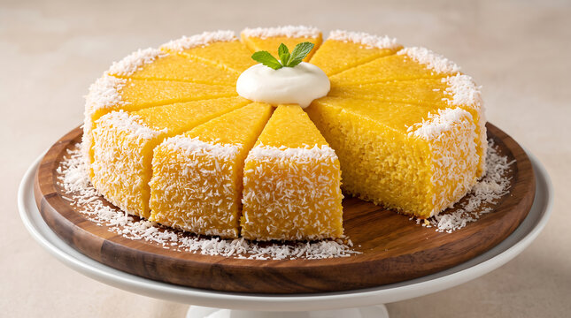 Yellow Coconut Cake Slices with Whipped Cream and Mint
