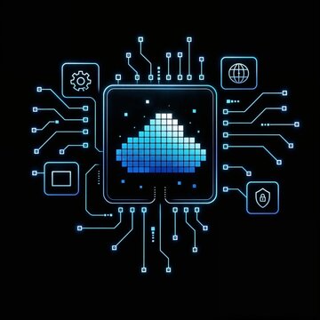 Futuristic cloud computing concept with pixelated cloud icon, neon blue circuit lines and cybersecurity symbols on a black technology background.