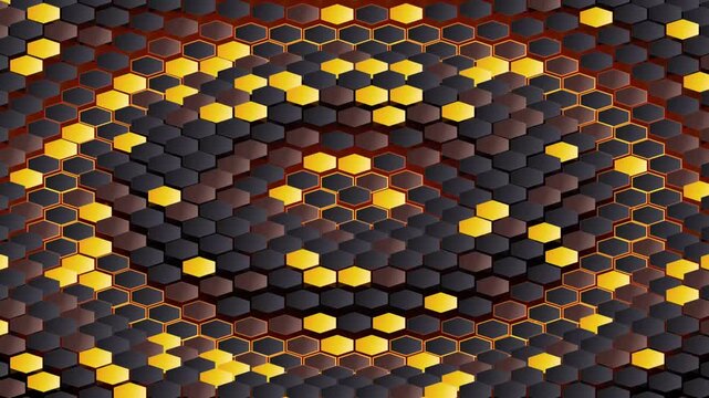 Abstract 3 d hexagon grid animation with glowing gold and dark grey motion wave background