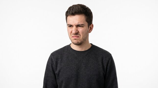 Man grimaces with a look of disgust and disapproval on his face, white background
