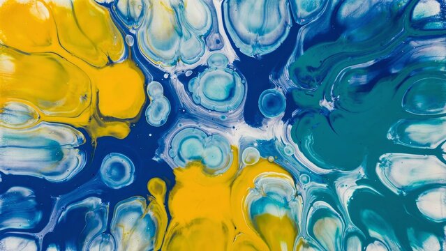 Abstract fluid art background with swirling blue, teal and yellow acrylic paint cells.