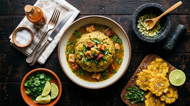Traditional puerto rican mofongo dish with fried plantains on a rustic wooden table perfect for National Mofongo Day