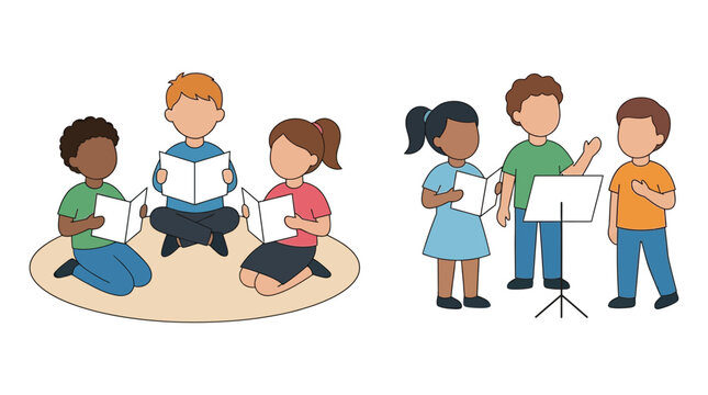 Children practicing choral singing flat vector illustration on white background