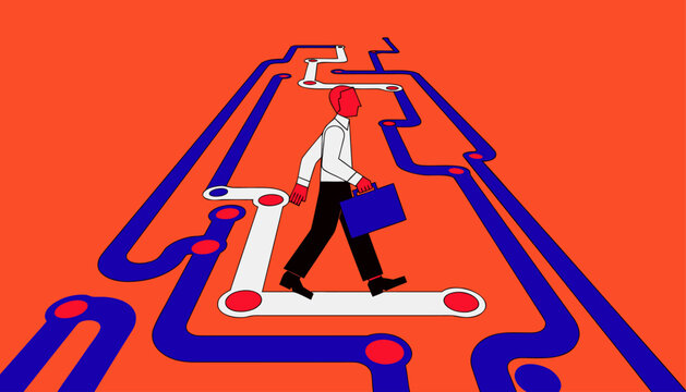 Businessman Circuit Path businessman walking on a stylized circuit board pathway.