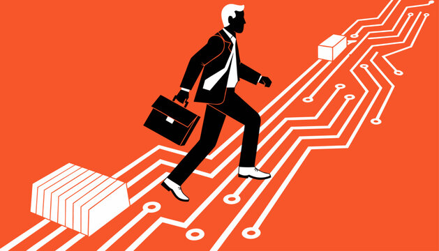 Businessman Circuit Path businessman walking on a stylized circuit board pathway 